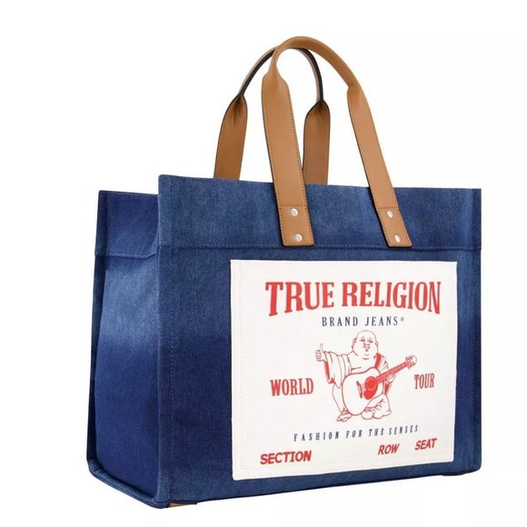 NWT True Religion Washed Navy Denim Large Tote - Picture 2 of 13